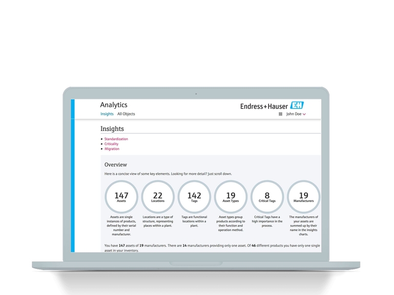 Netilion Analytics: screenshot dell'interfaccia IIoT per il servizio relativo al ciclo di vita degli asset su notebook