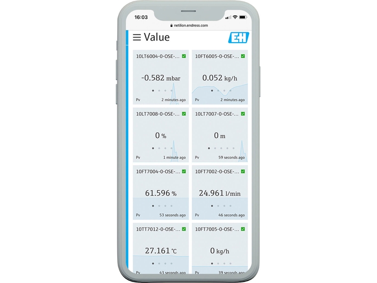 Netilion Value: screenshot dell'interfaccia del servizio di monitoraggio dei dati basato sull'IIoT su telefono cellulare