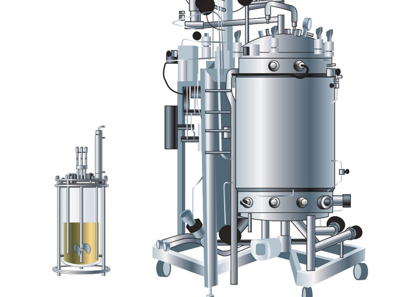 Bioreattore per lo sviluppo del processo e bioreattore in produzione per l'industria farmaceutica Illustrazioni raffiguranti un bioreattore dedicato allo sviluppo del processo e un bioreattore in produzione